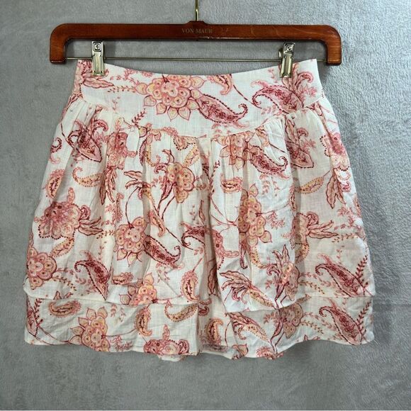 Express Pink Ivory Linen Blend Floral Tiered Ruffle Mini Skirt Size 6‎ New - Picture 1 of 7